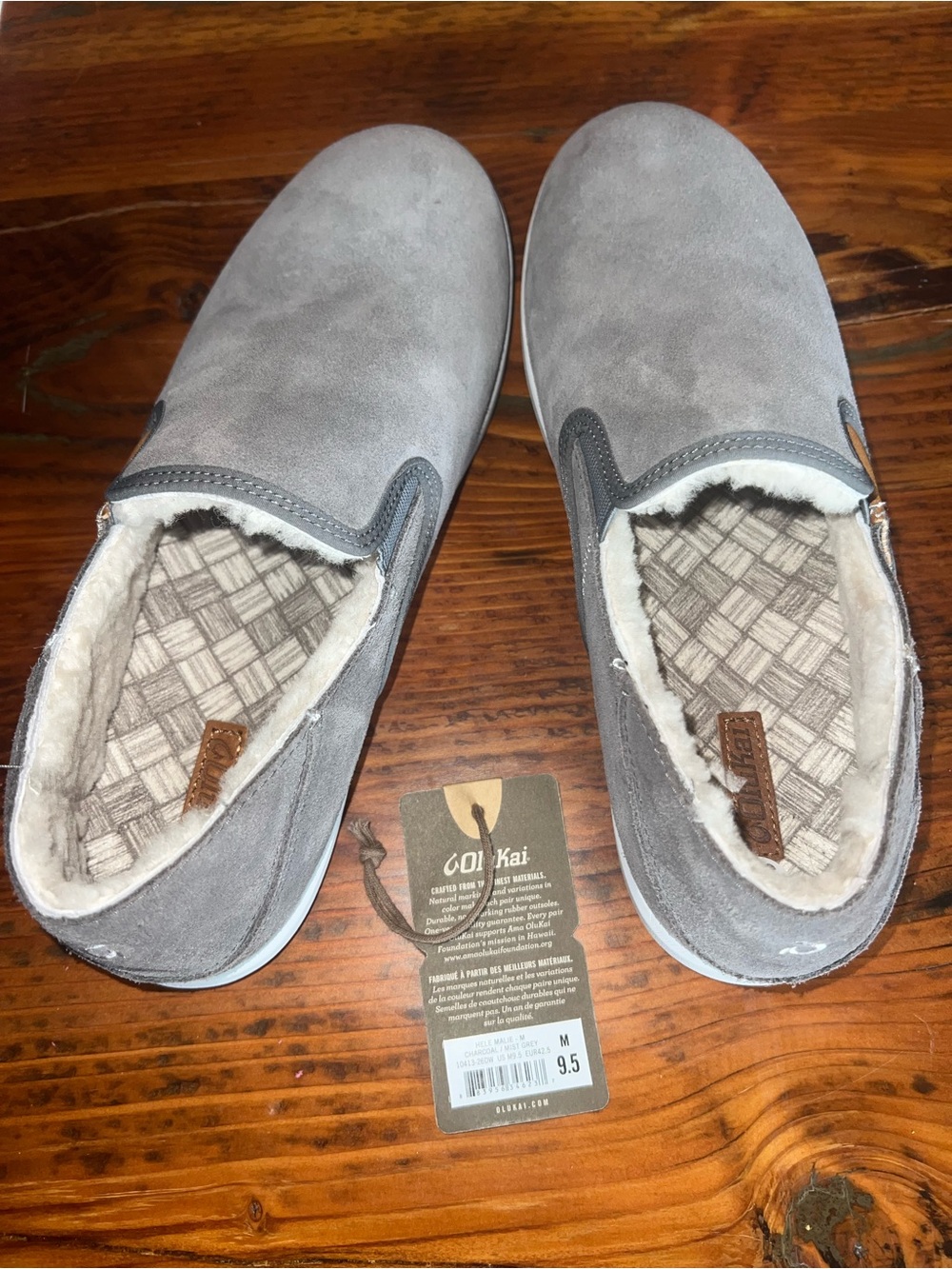 OluKai Men's Hele Malie Suede Shearling Slip On Loafers NWT Grey 9.5